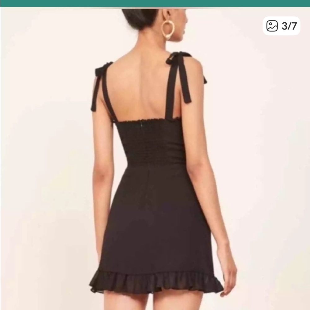Reformation Christine Mini Dress Black Ruffle Hem Tie Strap size 0 USA LBD - Picture 2 of 9